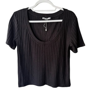 Zara Black Ribbed Knit Scoop Neck Top Size XL Minimalist Modern Classic